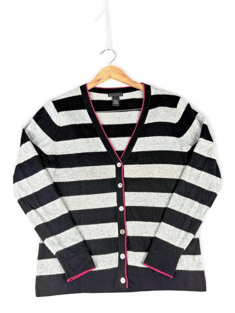 Lauren Hansen 100% Cashmere Striped V-Neck Cardigan L